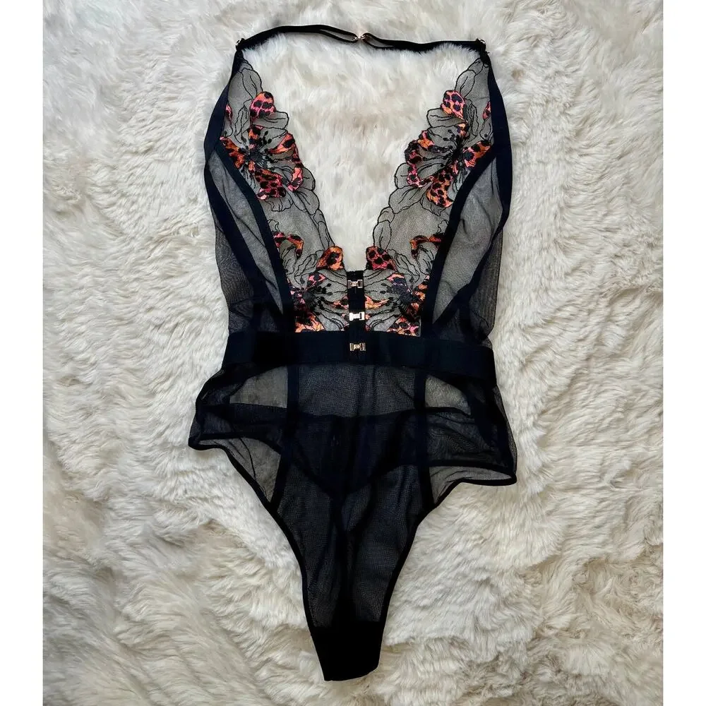 Honey Birdette DARIEN🩷 Black & Pink Floral Cheetah Bodysuit XS - Picture 2 of 4
